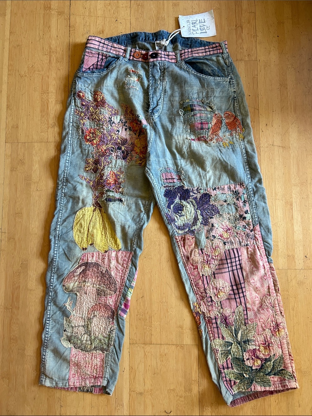 Magnolia Pearl Denim Boyfriend Jeans with Pink, Yellow and Purple Embroidery